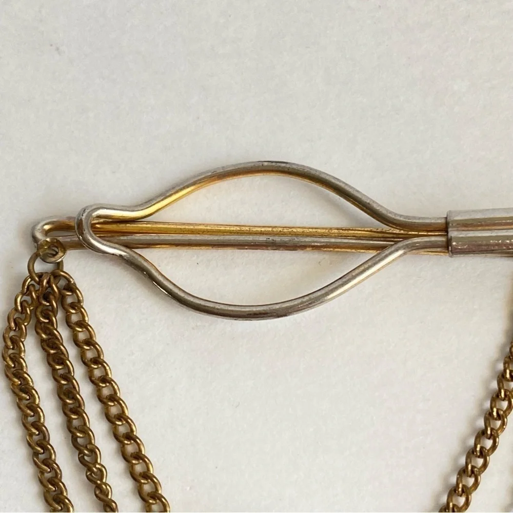 Vintage 60s Cowboy Boot Tie Bar Clip Western Gold Tone‎ Chain Carved Wood Spur